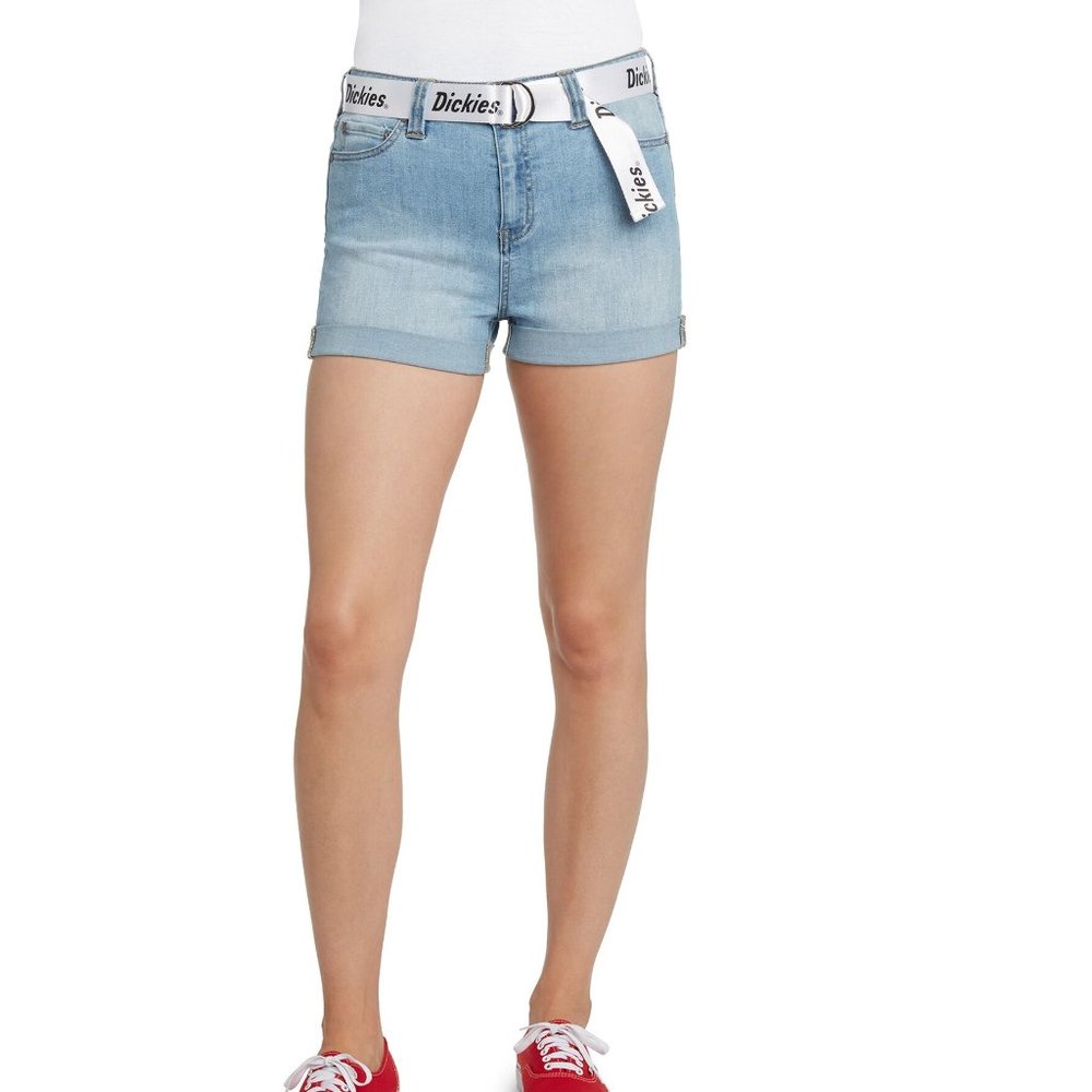 Womens Juniors DICKIES Rolled Cuff Denim Shorts with Logo Belt Size 22 NWT
